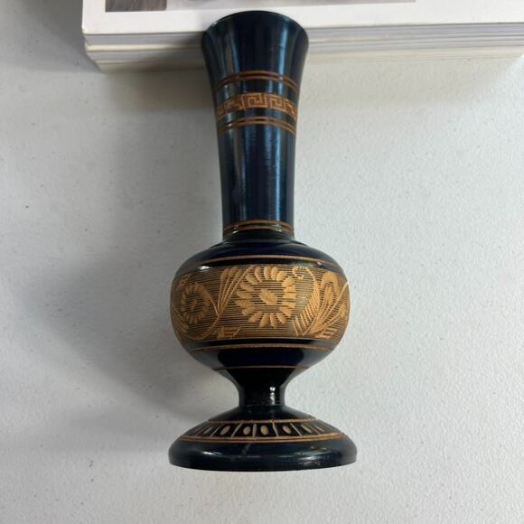 Hand Carved Wood Vase 8.5" Floral Design Decorative Black Brown - Picture 3 of 8